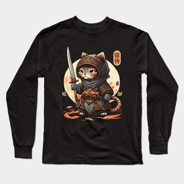 Samurai Cat Tattoo, Kawaii Ninja Cat Long Sleeve T-Shirt by Apocatnipse Meow